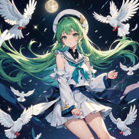 ((fluffy feathers　Crying face　shining tears　suffering)，((white dove　Big full moon))，(End of the Galaxy　shooting star　camisole　Drop shoulder　Shiny earrings　Green Hair　Long Hair)，Sailor suit　hat