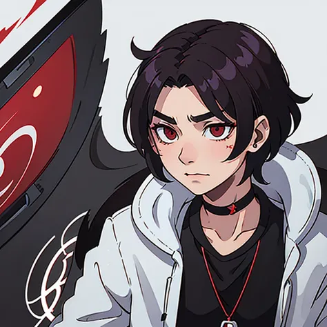 BNA anime art style; dark-haired man; Red eyes; choker with a DogTag; slight smirk at the corner of the mouth; silver earring in left ear; slightly devil aura and appearance 