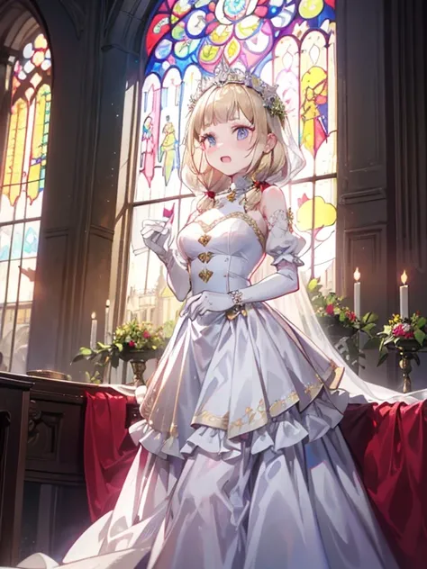 In front of the altar of a majestic church、（blurred background）、brighter light、golden long hair girl、Classic White Wedding Dresses、（elegant luster）、（Lots of races）、lots of ribbons、((voluminous puff sleeves))、long cuffs with many buttons、golden embroidery、l...