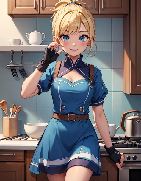 (masterpiece, best quality:1.2), cowboy shot, solo, 1girl, piper, smile, looking at viewer, (hand on own cheek:1.2), blonde hair, ponytail, blue dress, puffy short sleeves, fingerless gloves, kitchen
