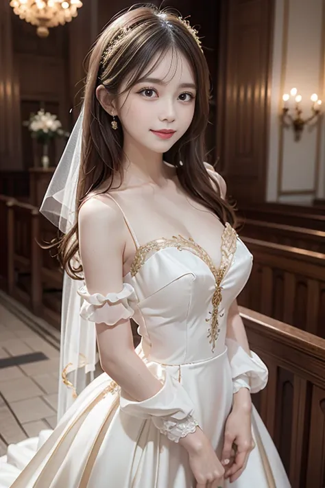 In front of the altar of a majestic church、（blurred background）、brighter light、golden long hair girl、Classic White Wedding Dresses、（elegant luster）、（Lots of races）、lots of ribbons、((voluminous puff sleeves))、long cuffs with many buttons、golden embroidery、l...