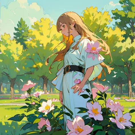 A girl in a garden, oil painting style, vivid colors, warm tone, natural lighting, (best quality, highres, realistic:1.37), ultra-detailed, summer day, blooming flowers, green grass, birds singing, peaceful atmosphere