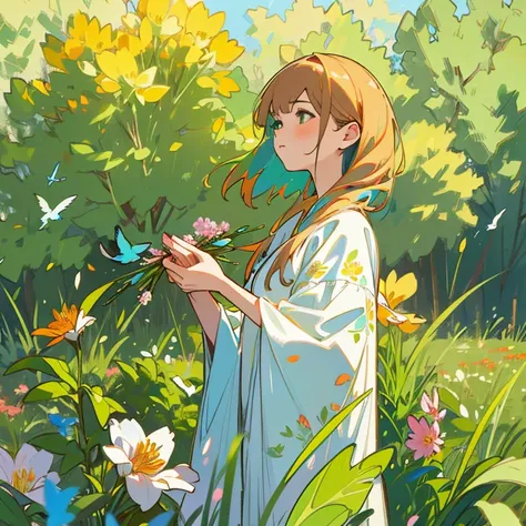 A girl in a garden, oil painting style, vivid colors, warm tone, natural lighting, (best quality, highres, realistic:1.37), ultra-detailed, summer day, blooming flowers, green grass, birds singing, peaceful atmosphere