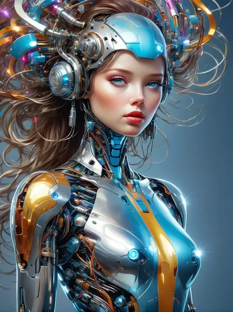 a image of a woman wearing colorful robot tech, in the style of free-flowing surrealism, shiny, glossy, precise and lifelike, hard surface modeling, precisionist lines, light silver and azure, engineering, construction and design, whole body, from head to ...