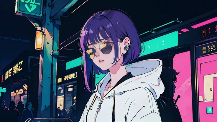 night station, Beautiful Asian girl with purple hair waiting for a train,  Perfect Face, Earphones, sunglasses, White hoodie, Ruck sack, Composition that shows the upper body,  Neon Black, (Backlight: 1.1), Hard Shadows, masterpiece, highest quality, Compl...