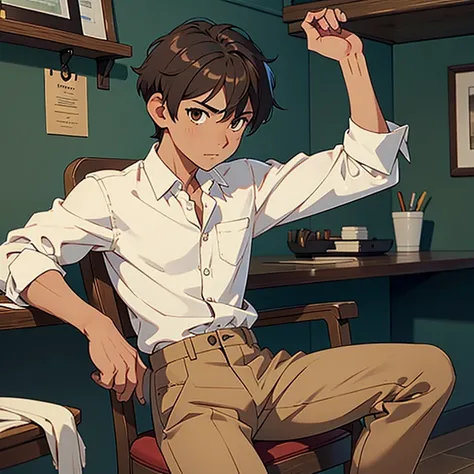 1 boy, short hair with brown tapering, brown eyes, fit, sitting in his chair, wearing a white button-down shirt, and light brown pants 