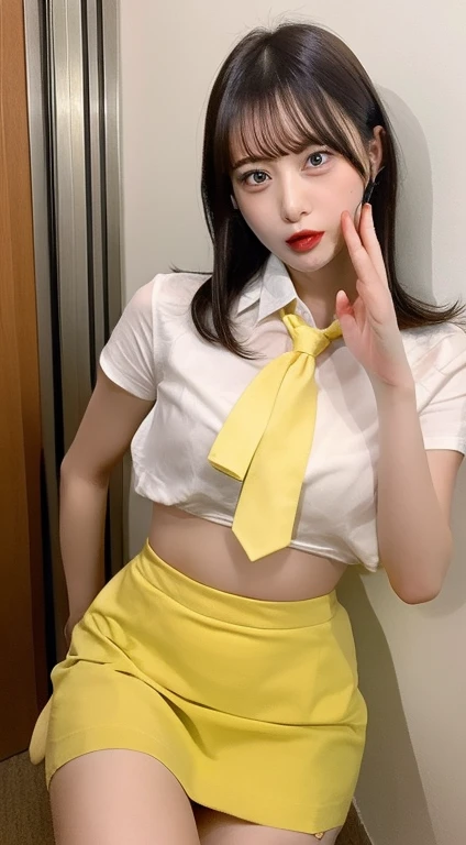 18 year old high school girl wearing a mini skirt with a yellow tie and white shirt、((Sexual seduction pose:1.5))、