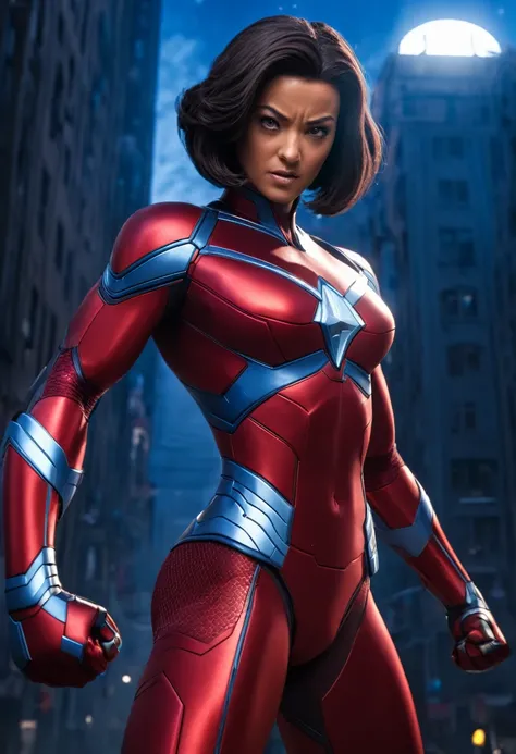 Female Omni-Man from Invincible,muscular,cabelo loiro curto com corte bob,(olhos perfeitos),(obra de arte:1.2),(heroic pose),(vestindo capa),(detailed facial features), (sharp focus),cores vivas,studio lighting,(physically based rendering),Super heroi,acti...