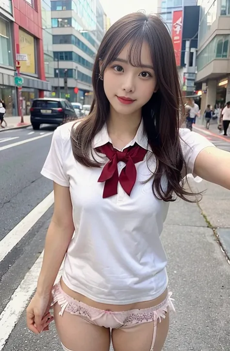 Sidewalk, RAW Photos, 8k, highest quality, Ultra-high resolution, Beautiful facial details, Real human skin, Gentle expression, Front view, Angle from below, Long Hair, Realistic, Realistic, cute, Short skirt, Standing deep in the city, cute , Japanese Uni...