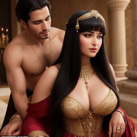 A scene of Cleopatra Hayek, a captivating and alluring woman, is depicted from an above perspective as she kneels before a man with an enchanting expression on her face. Her voluptuous figure is accentuated by a transparent attire that reveals her ample cl...