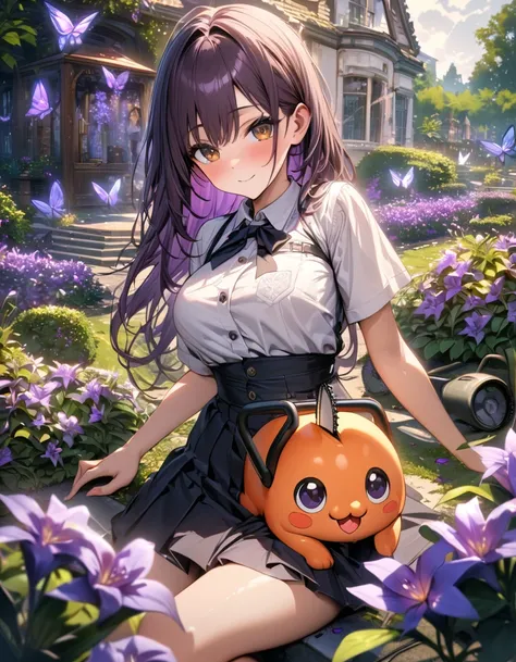 absurdres, highres, ultra detailed, HDR, master piece, best quality, Pochita, Chainsaw Man, brown eyes, extremely cute, purple shining butterflies, purple lilies, purple petals, garden