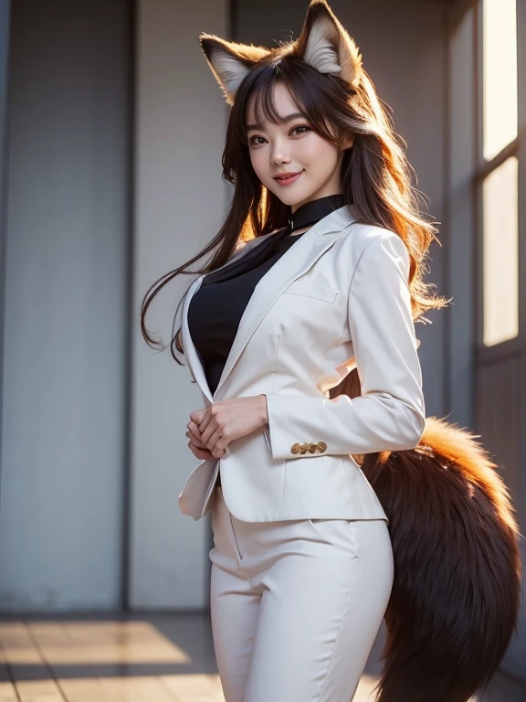 ((highest quality, 32k)), ((masterpiece)), (Get used to it), Perfect Face, Fox Girl, Beautiful woman, public, There is a tail, she has a fox tail, She wags her fluffy tail, smile, collar, She wears a business suit, Beautiful hip line, A tail sticking out f...