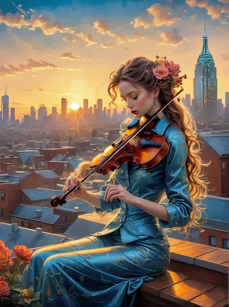 A soulful musician playing the violin on a rooftop at dusk, sheet music, musical notes, reflective, city skyline, dramatic sunset, surrealistic oil painting by James Jean, Van Gogh, Mark Ryden, and Robbie Trevino, pop cyberpunk steampunk flowerpunk, atompu...