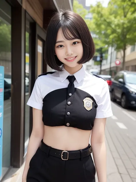 Black Hair, Police Costume, Black Hair, Falter, Round eyes, best qualityBlack Hair, 18-year-old, Slim and busty body, Bobcut, Aqua Eye, Brush Sticker, Grin, Smiling with teeth showing, whole body, Sister&#39;s Girl, Round face, Cheeks are slightly puffy, E...