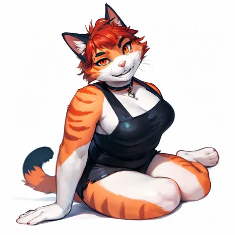 ((nsfw, A female anthropomorphic orange and white cat with red short hair and orange eyes sitting down on the floor in a hotel room)), hentai, , anthro, solo, tall, shortstack , angle, looking  at viewer,  background, extremely detailed, photorealistic, 3d...