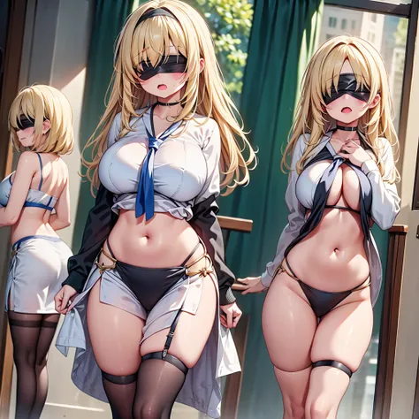 highest quality,wonderful,finely,extremely detailed CG Unity 8K wallpaper, (Stand in line:1.2), (3 girls, blonde, clothed), (huge breasts:1.2), (Underboob),(crop top navel), (open mouth:1.1), (long tongue:1.1), (mouth drool:1.1), (black stockings:1.1),(Thi...