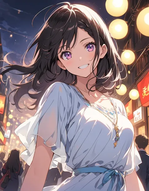 highest quality,, 1peopleの女の子, woman,(Smiling), Mid-chest, (bright), (Professional Lighting, Bokeh), (street), people々, crowd, Braided bangs, (blouse:1.5), (I wore:0.8), nice, bloom, Floating Hair, (Dynamic pose:0.6) , Soft lighting, 、(highest quality、mast...