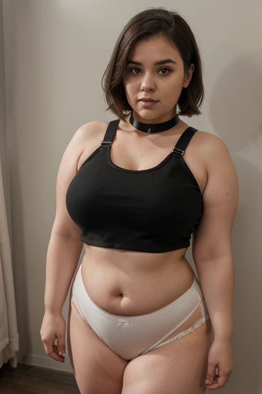 full body shot, overweight fat girl, 30 year old, fat waist, fat thighs, fat arms, short legs, short shoulder haircut, black boots, chubby finger, chubby face, (((fat body))) , (((short, fat legs))), wearing red choker collar, wearing white crop top, (crop...