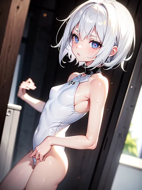 1 girl, (solitary:1.2), ((masterpiece)), Slim, , Pale skin, ((Exquisite eyes)), (Bokeh effect), Sweat, (Dynamic Angle)，white hair, short hair, Bare shoulders，he&#39;clavicle, armpit, (External), Smile, School cafeteria,  Thong，sports shoes，White knee socks...