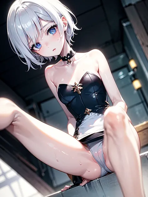 1 girl, (solitary:1.2), ((masterpiece)), Slim, , Pale skin, ((Exquisite eyes)), (Bokeh effect), Sweat, (Dynamic Angle)，white hair, short hair, Bare shoulders，he&#39;clavicle, armpit, (External), Smile, School cafeteria,  Thong，sports shoes，White knee socks...