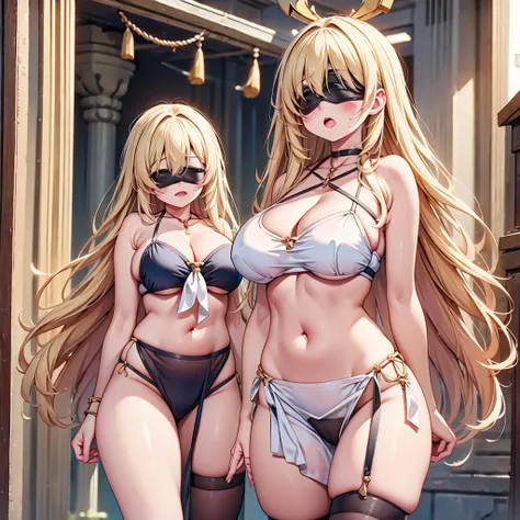 highest quality,wonderful,finely,extremely detailed CG Unity 8K wallpaper, (Stand in line:1.2), (3 girls, blonde, clothed), (huge breasts:1.2),  (cleavage cutout), (Underboob), (crop top navel), (open mouth:1.1), (long tongue:1.1), (mouth drool:1.1), (blac...