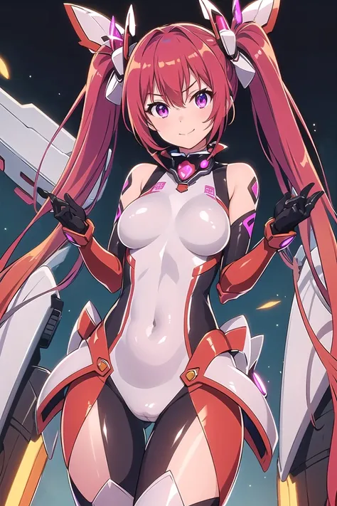 1girl, solo, tailred, very long hair, red hair, gradient hair, twintails, perfect face, purple eyes, looking at viewer, cute, shy, smile, closed mouth, breasts, (shiny clothes:1.8), (mecha suit:1.3), black elbow gloves, masterpiece, high resolution, best q...