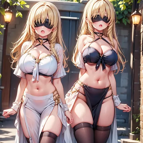 highest quality,wonderful,finely,extremely detailed CG Unity 8K wallpaper, (Stand in line:1.2), (3 girls, blonde, clothed), (huge breasts:1.2),  (cleavage cutout:1.2), (Underboob:1.2), (crop top navel:1.2), (open mouth:1.1), (long tongue:1.1), (mouth drool...