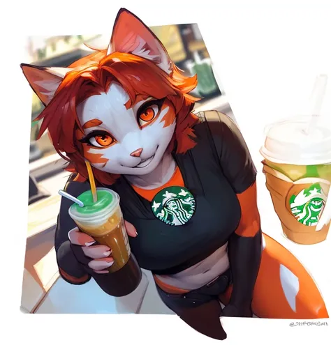 ((nsfw, A female anthropomorphic orange and white cat with red short hair and orange eyes drinking a smoothie in my right hand, in a Starbucks coffee shop)), hentai, , anthro, solo, tall, shortstack , angle, looking  at viewer,  background, extremely detai...