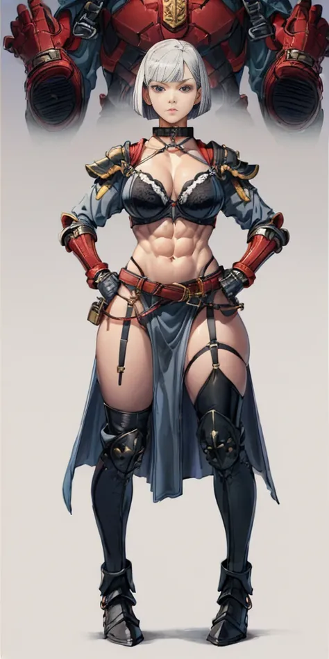 ((Plain background 1:2)) (Cammy White Street Fighter white silver short bob haircut) Female full body standing straight symmetrical looking to the viewer RED full body armored (handcuffs, shackles, rerebrace, faulds, poleyn, gauntlets, leather collar choke...