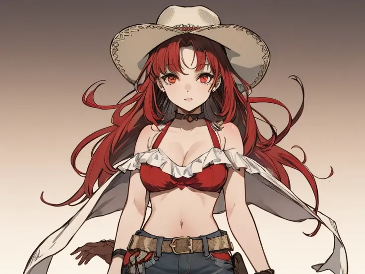 ((melhor qualidade)), ((obra de arte)), (detalhado), rosto perfeito, a girl, red short hair, red eyes, cowgirl clothes, cowgirl ...