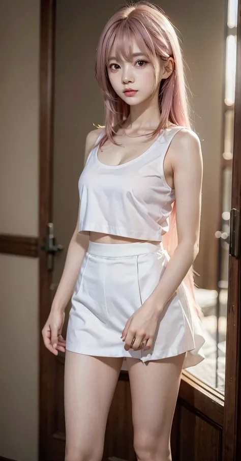 realistic, 1girl, standing, shoulder length light pink hair, silky hair, hair with bangs, skinny white shirt, sleeveless tight white shirt, cleavage revealed, micro tight skirt, shiny mini skirt, tight outfit, crouch, tight, legs, kness, white sneakers 