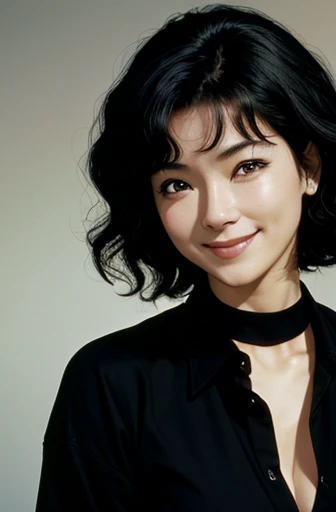 there is a woman with a black shirt and a black shirt, a photo by Tadashi Nakayama, flickr, renaissance, dark short curly hair smiling, bjork smiling, itsuko azuma, araki, sean young, deanna troi, willow 1 9 8 5, ripley, jen zee, yayoi kasuma, mutsumi akas...