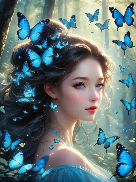 a blue butterfly glittering in mid-air，its wings sparkle against the backdrop of a glowing dark forest，the flight of butterflies...