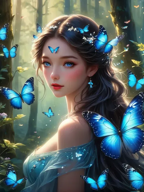 a blue butterfly glittering in mid-air，its wings sparkle against the backdrop of a glowing dark forest，the flight of butterflies...