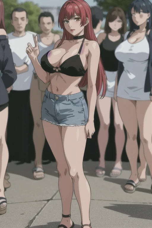 masterpiece, best quality, highres, 1girl, hirokotakashiro,  micro denim skirt, black off shoulder crop top, full body shot, (smug:0.3), looking at viewer, focus solo, sexy pose, standing up, mature, flip flops, detailed feet, busty, cleavage, redhead, sed...