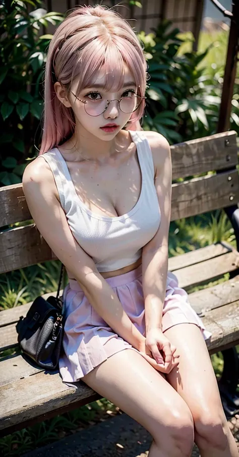 realistic, 1girl, sitting on bench, eye glasses, light pink hair, ponytailed hairstyle, silky hair, hair with bangs, skinny white shirt, sleeveless tight white shirt, cleavage revealed, micro tight skirt, shiny mini skirt, tight outfit, crouch, tight, legs...