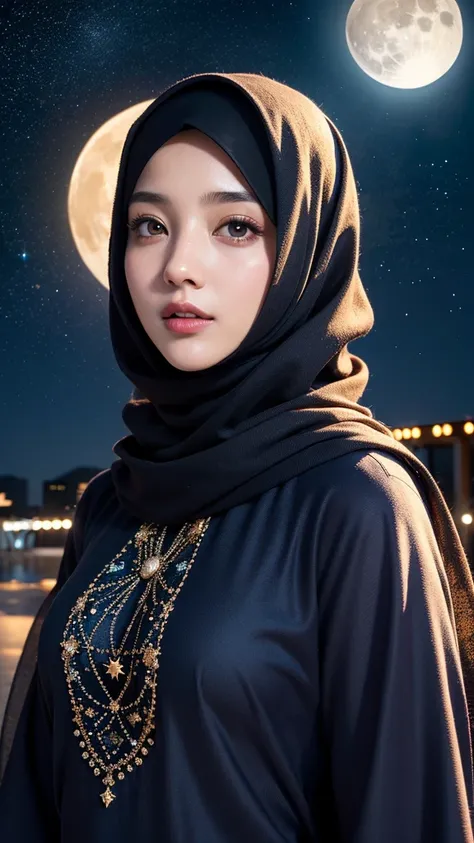 Create a single hyper realistic image of a beautifull hijab girl in an outstanding scene of full moon in a starry night, hyper realistic texture.