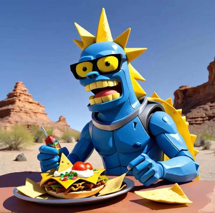 Bender eating Nachos Sandwich outside Sapphire Desert , Style of Hellper