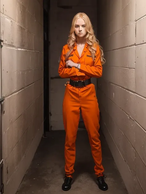 Beautiful young white girl wearing an orange prison jumpsuit, long wavy blonde hair, Hands are handcuffed, tight black belt, pale skin tone, orange jumpsuit, (thin girl: 1.5), jail, inmate, black boots, transport belt, side swept hair, standing still, long...