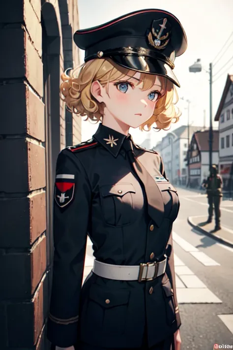 1girl, blonde hair, curly hair, short hair, hair down to chin, germany uniform, black uniform, necktie, red Edge,, black cap, military uniform, germany military black uniform, looking at viewer, mature woman, ww2, nazism 