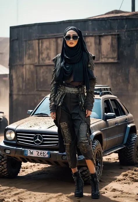 Off-road vehicle acceleration, Covered with mud, Rusty, Mad Max style, There are metal spikes all over the car., futurist, Reflective paint, Similar to Mercedes，suv，GLK-300 Truck, Long front hood, Transparent glasses, shiny big, Surreal, 8k, night, Inside ...