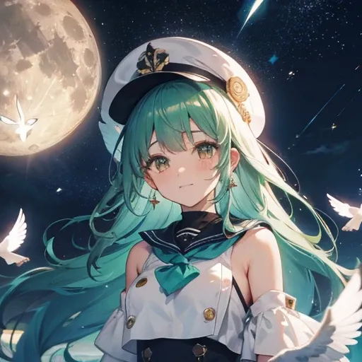 ((fluffy feathers　Crying face　shining tears　suffering)，((white dove　Big full moon))，(End of the Galaxy　shooting star　Drop shoulder　Sailor suit　Shiny earrings　Green Hair　Long Hair)，　hat　Lying on your back　look up　Reach out