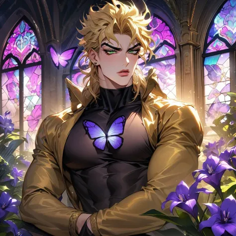 absurdres, highres, ultra detailed, HDR, master piece, best quality, Dio brando, blond hair, expressive green eyes, jojo bizarre adventure, golden jacket, black tight shirt, solo, sexy man, handsome, glass stained window, purple shining butterflies, purple...