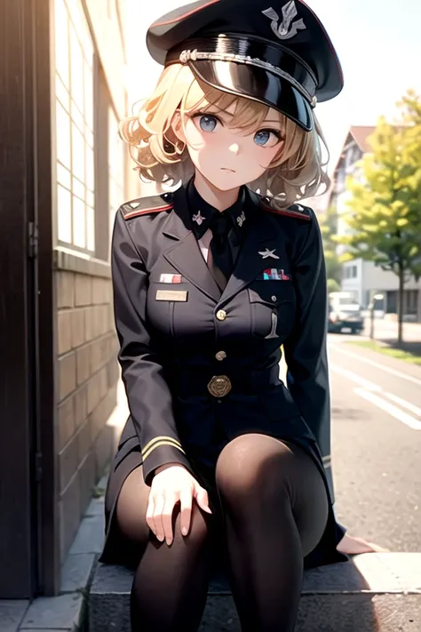 1girl, blonde hair, curly hair, short hair, hair down to chin, germany uniform, black uniform, necktie, red Edge,, black cap, military uniform, germany military black uniform, looking at viewer, mature woman, ww2, nazism, shirt down to knees, serious expre...