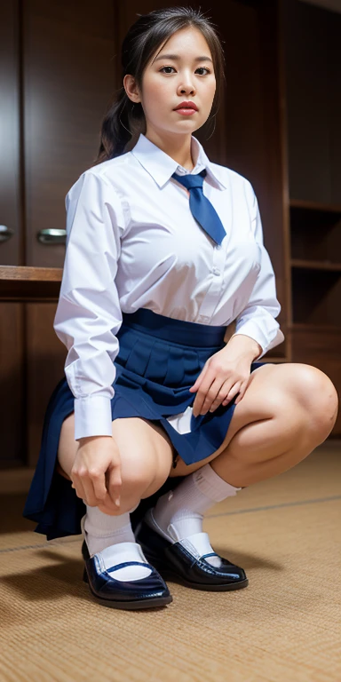 Thai style, ponytail, white collar shirt, long-sleeved shirt,  necktie, pleated skirt, dark blue long skirt, white socks, black loafers,   Thighs look good., squatting, Turn your legs to the side., Showing her panties, white panties, panties shot