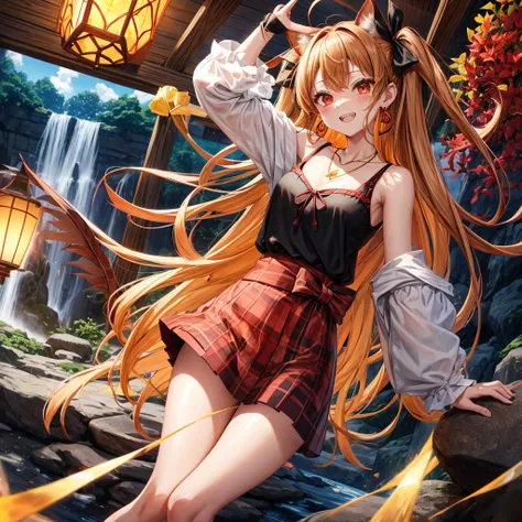 Brown, red, gold, golden hair、Red eyes、One good looking girl、solo、anime、Checkered mini skirt、Black camisole、Black T-shirt、hoodie、Wearing a ribbon、Ribbon on waist、Crystal Earrings、Gemstone Necklace、Light and shadow、Tilting face、Teeth are visible、waterfall、K...