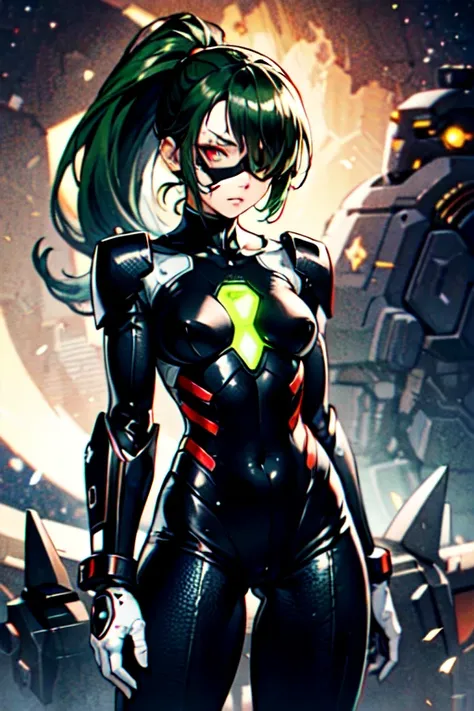 tired, annoyed, anime cat woman, green eyes and light green hair, cybernetic eye prosthesis, eye patch, face scar, sci-fi, mecha outfit, cybersuit, techwear, missing eye, burns, red eye prosthesis, muscular, messy ponytail, loose clothes, smaller breasts, ...