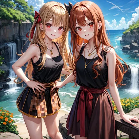 Brown, red, gold, golden hair、Red eyes、One good looking girl、solo、anime、Checkered mini skirt、Black camisole、Black T-shirt、hoodie、Wearing a ribbon、Ribbon on waist、Crystal Earrings、Gemstone Necklace、Light and shadow、Tilting face、Teeth are visible、waterfall、K...