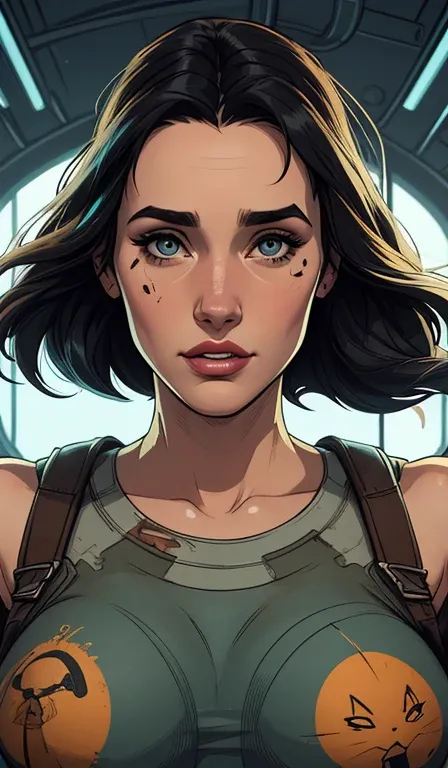 GTA style Cartoon style digital illustration GTA style young woman in luxury clothes Jennifer Connelly style Cartoon style digital illustration GTA style portrait mode Character woman atompunk style Fallout 4 black hair actress Ella Purnell with battle mar...