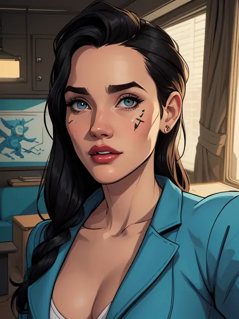 GTA style Cartoon style digital illustration GTA style young woman in luxury clothes Jennifer Connelly style Cartoon style digital illustration GTA style portrait mode Character woman atompunk style Fallout 4 black hair actress Ella Purnell with battle mar...